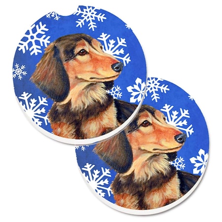Dachshund Winter Snowflakes Holiday Set Of 2 Cup Holder Car Coaster